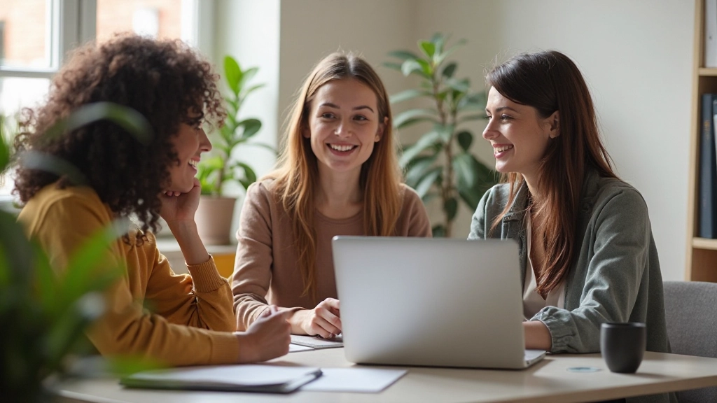 Estudantes em sala de aula online colaborando em exercício de conversação em francês com sorriso de satisfação