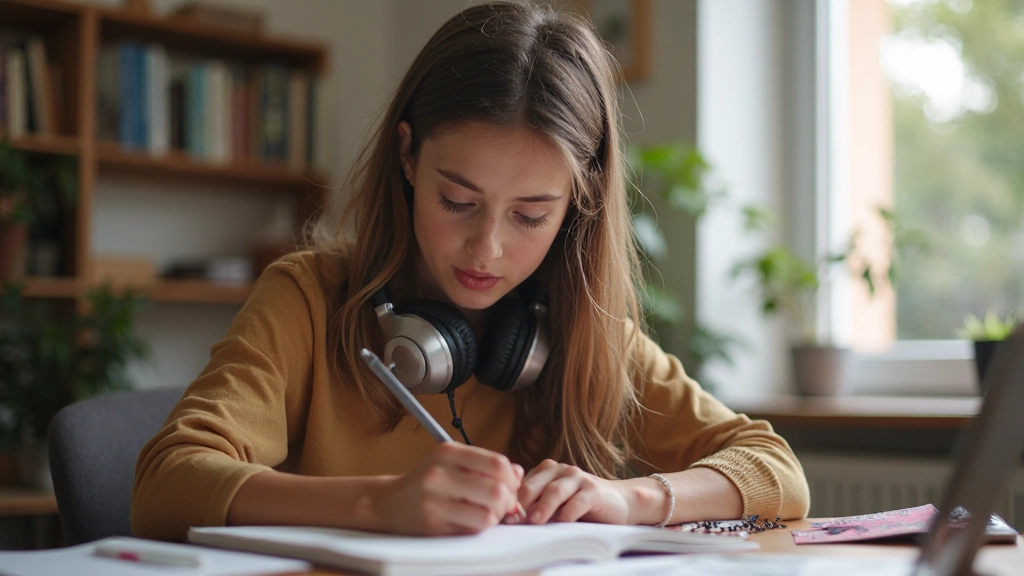 Estudante iniciante praticando pronúncia de palavras francesas com fones de ouvido